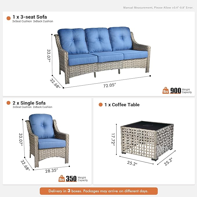 4 Pieces Patio Outdoor Furniture Set,All Weather Wicker Rattan Patio Seating Sofa and Chair Set w/ 3-Seater Sofa and Glowing Coffee Table,Outdoor Conversation Sets for Deck Yard Garden,Blue