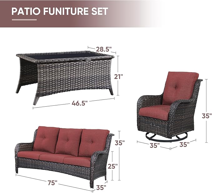 4 Piece Patio Furniture-All-Weather PE Wicker Outdoor Patio Furniture with Swivel Rocker Chairs,Outdoor Couch, Set with Coffee Table-Brown/Red