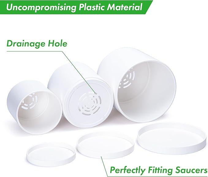 D'vine Dev 4.5 Inch 5.5 Inch 6.5 Inch, Set of 3 Plastic Planter Pots for Plants with Drainage Hole and Seamless Saucers, White Color, Small Plus, 74-V-A-2