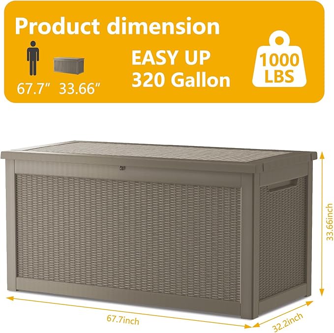 320 Gallon Deck Box, Resin Outdoor Indoor Waterproof Storage Box, Lockable Storage Box With Handle for Patio Furniture - Garden Tools - Swimming Pool Tools UV-Resistant, Brown