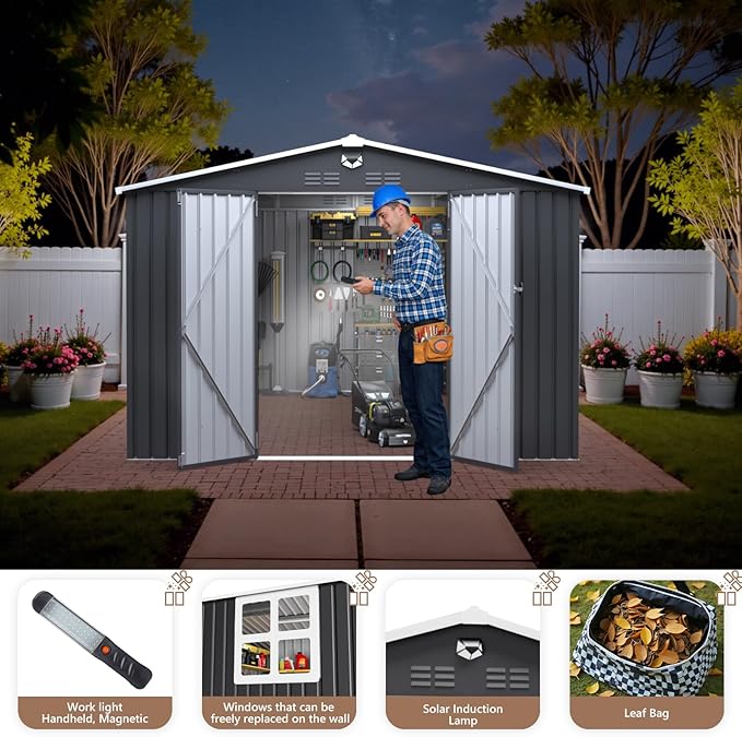 10x12 FT Outdoor Storage Shed, Metal Garden Shed - Tool Storage Sheds with Lockable Doors & 1 Clear Window, Waterproof Outside Storage Building for Backyard, Patio (Black; Floor Not Included)