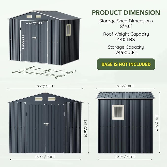 6x8FT Outdoor Metal Storage Shed, Double Door, 1 Clear Window, Tool Shed for Garden, Patio, Backyard