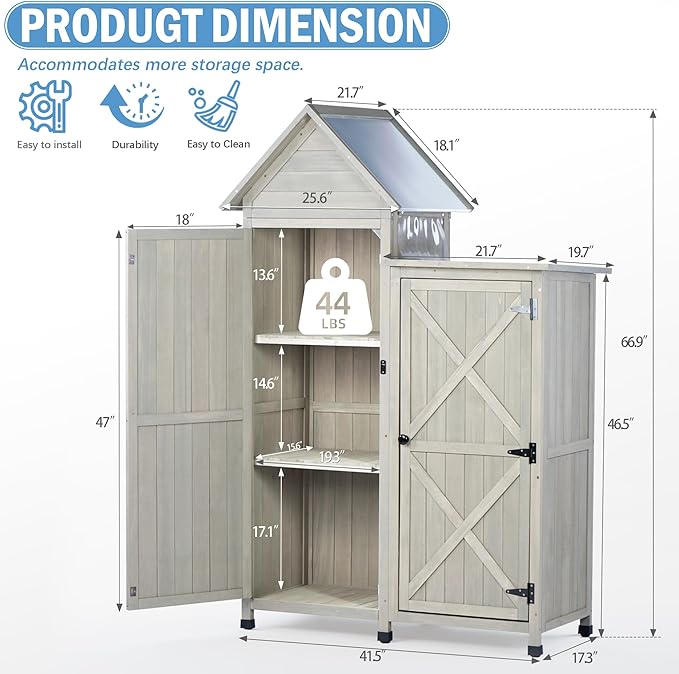 Outdoor Storage Cabinet - Waterproof Metal Roof & Wooden Vertical Design, Tall Garden Tool Shed with Multiple Shelves for Patio, Backyard, Lawn, Yard (Gray, 22" x 46" x 67")