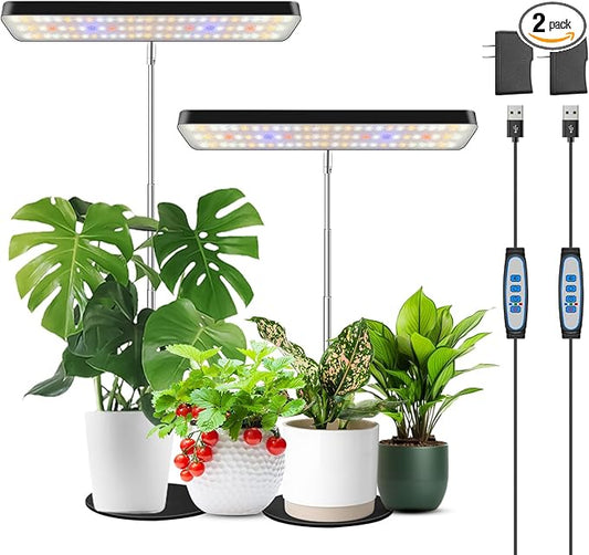 Wiaxulay Grow Lights, Full Spectrum Plant Light for Indoor Plants, Height Adjustable Desktop Grow Lamp with Auto Timer 6/12/16Hrs, 3 Lighting Modes,5 Brightness,Ideal for Potting Soil, 2 Pack