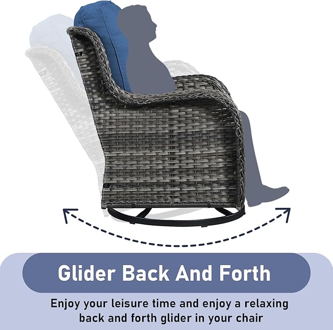Wicker Outdoor Conversation Set-6 Pieces Outdoor Wicker High Back Couch with Swivel Rocker Chairs Patio Furniture for Deck Poolside Backyard-Grey/Blue