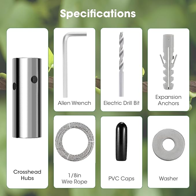 10 Sets Cylindrical Hubs Wall Trellis Kits, Wire Trellis for Climbing Plants Outdoor with 53Ft x 1/8" T316 Stainless Steel Rope, Garden Wire Trellis System for Espalier & Vertical Gardening