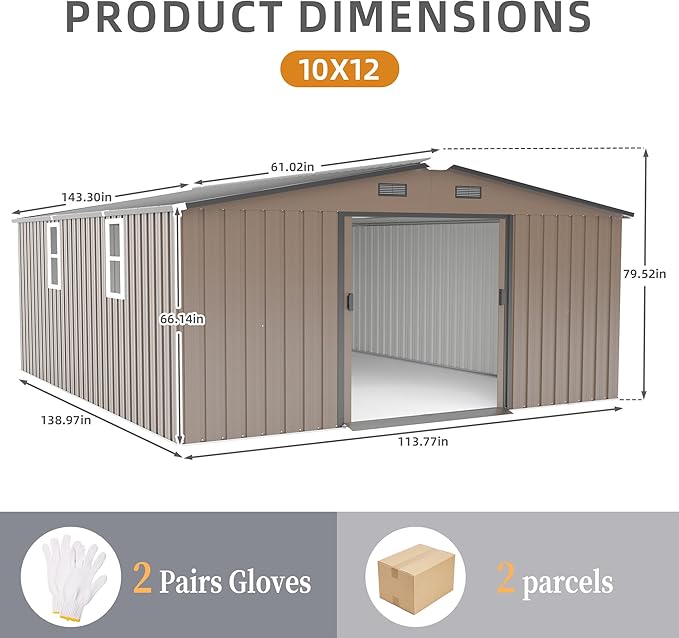 10 * 12ft Outdoor Storage Shed with 2 Windows and Vents - Metal Garden Tool Shed for Backyard, Patio, Lawn(Grey)