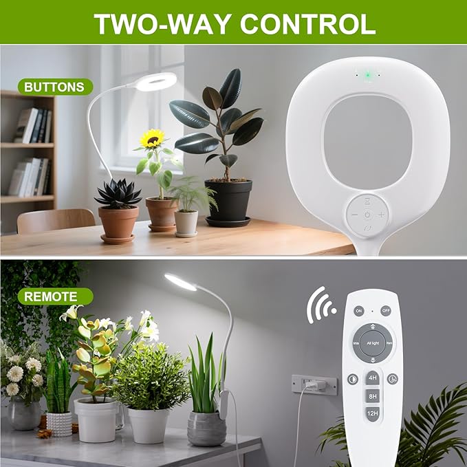 Grow Lights for Indoor Plants Full Spectrum, Clip On LED Plant Light, Plant Growing Lamp with 4/8/12H Timer, 3 Light Modes, 10 Dimmable Levels, Adjustable Gooseneck, Remote Control, 2-Pack