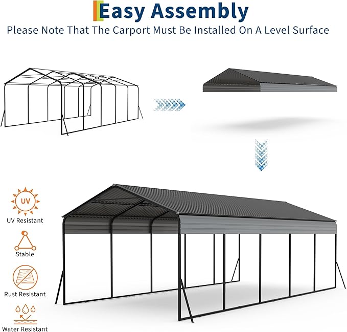 12x25 FT Heavy Duty Metal Carport with Galvanized Steel Frame & Roof, All-Weather Portable Car Garage Shelter, Metal Carports Garage for Cars, Trucks, Boats, Wind & Snow Resistant, Reinforced Base