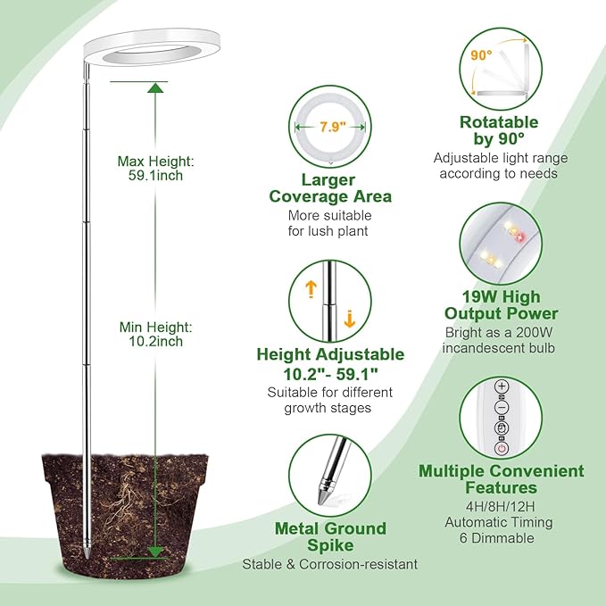 LORDEM Grow Light, 7.9" Full Spectrum LED, Adjustable Height, Auto Timer 4H/8H/12H, 6 Dimmable Levels, Ideal for Large Tall Plants, 2 Packs