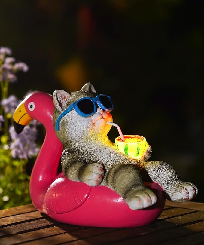 Cat Lying Flamingo Statue: Outdoor Sculptures Clearance for Lawn Porch Patio Balcony Yard - Gifts for Mom Women