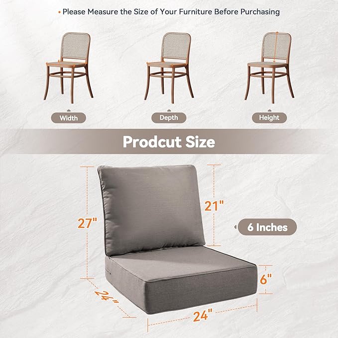 Luxury 6" Outdoor Cushions for Patio Furniture, 24x24x6 Thick Seat Cushion Set of 8, Fade Resistant Couch Chair Replacement Cushions High Density Deep Wicker Chair Cushion w/Removable Cover Gray