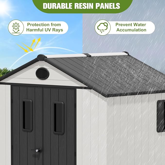 COOS BAY Resin Outdoor Storage Shed with Lockable Double Doors, Heavy-Duty Floor, All-Weather Garden Shed for Tools & Equipment, 8x6 ft, White/Gray