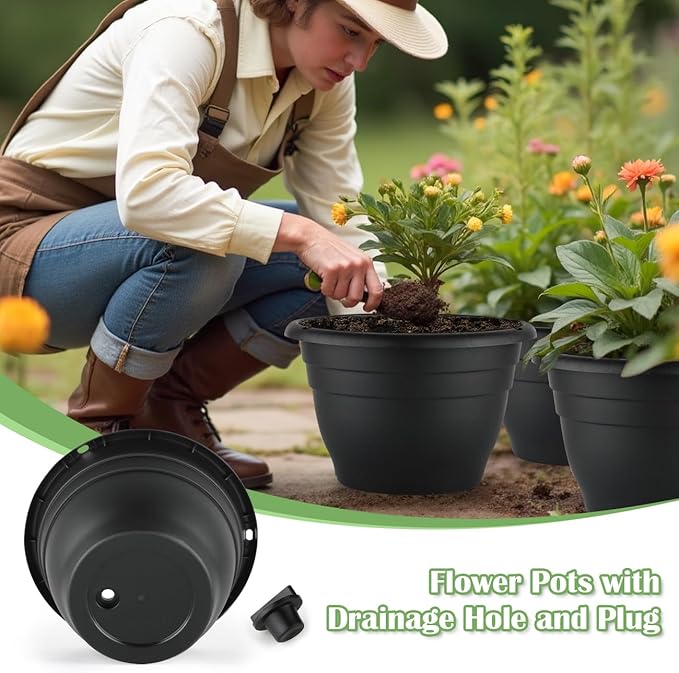 Plant Pots Indoor with Drainage, 3 Pack 11 Inch Plastic Pots for Plants（10 inch Inner Diameter）, Durable Plastic Flower Pots, Planters for Indoor Ourdoor Plants, Black