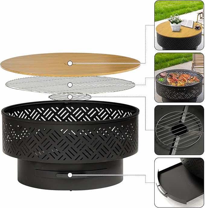 26" Wood Burning Fire Pits with Grill & Lid, Fire Pit Table for Outside with Waterproof Cover & Fire Poker, Outdoor Firepit with Functions for BBQ,Table and Bonfire