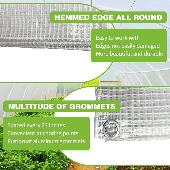 30Ft x40Ft Clear Greenhouse Plastic Covering, 16Mil Thickness Heavy Duty Clear tarp for Chicken coop, Greenhouse Plastic sheeting with Hemmed Edges & preinstalled Grommets.