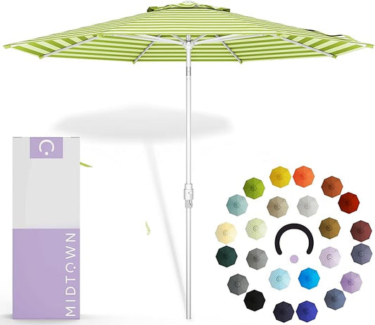 Midtown Umbrellas The Swilt 8 Feet Patio Umbrella in Terylast Pear Stripes (Green/White) Polyester Fabric - Fiberglass Ribs, Auto-Tilt Aluminum Frame For Backyard, Deck, Garden, Pool - White Pole