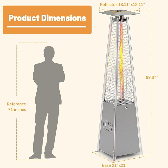 FOOWIN Propane Patio Heater, 48,000 BTU Outdoor Patio Heater with Wheels/Waterproof Cover & Gloves,Silver Grey