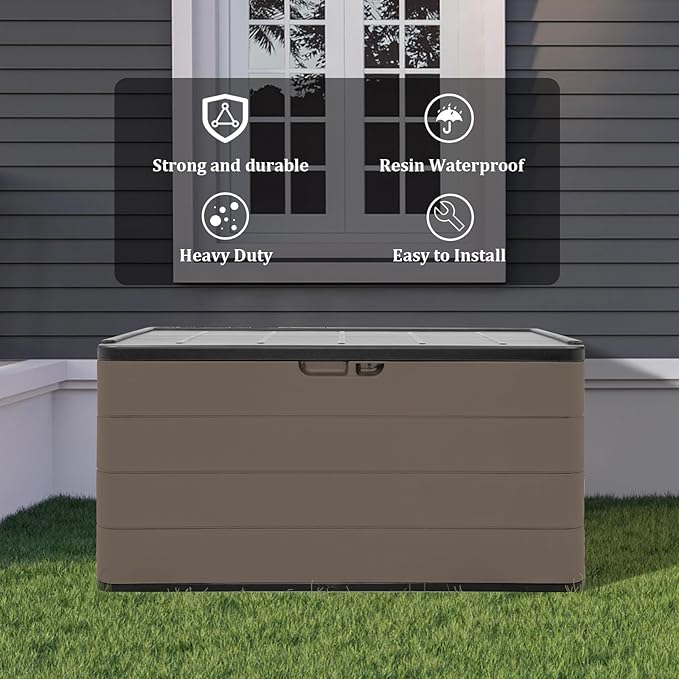 ZZM 110 Gallon Outdoor Deck Box with Wheels, Waterproof Resin Storage Cabinet for Patio Cushion and Tools, Lockable Storage Box, Coffee