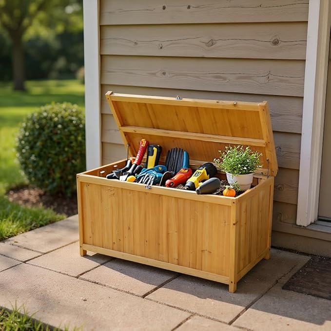 65 Gallon Outdoor Solid Wood Deck Box, Fir wood storage box Deck Box with Sealed Hinged Lid, Furniture Storage Cabine Patio Tool, Backyard Tool, Garden Tool, Pool Equipment, Camping Gear
