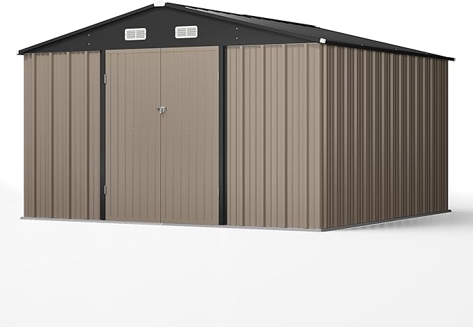Patiowell 10 x 10 FT Outdoor Storage Shed,Metal Yard Shed with Design of Lockable Doors, Utility and Tool Storage for Garden, Patio, Backyard, Outside use,Brown