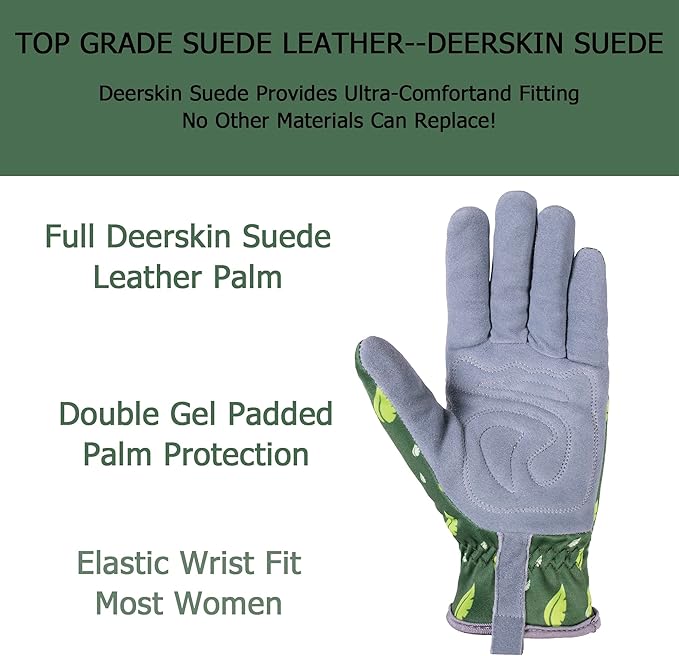 SKYDEER Premium Genuine Deerskin Suede Women's Gardening Gloves, Ultra-Soft Padded, Comfort Fit for Work (SD6615/L)
