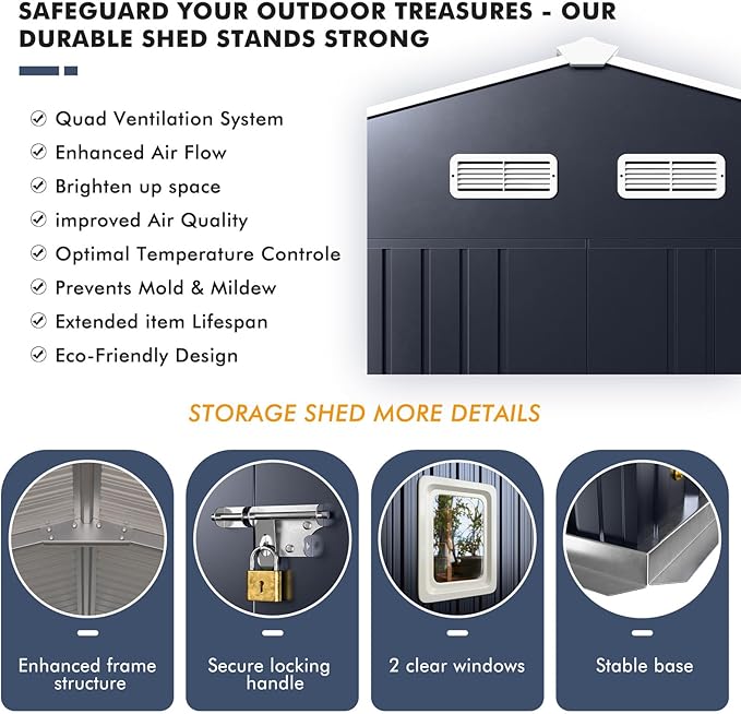 10x12 Metal Shed with Floor Frame Kit, Reinforced Construction - Translucent Roof Panels for Natural Light, Lockable Doors, Vents and Windows | Weatherproof Outdoor Storage for Garden/Backyard/Patio