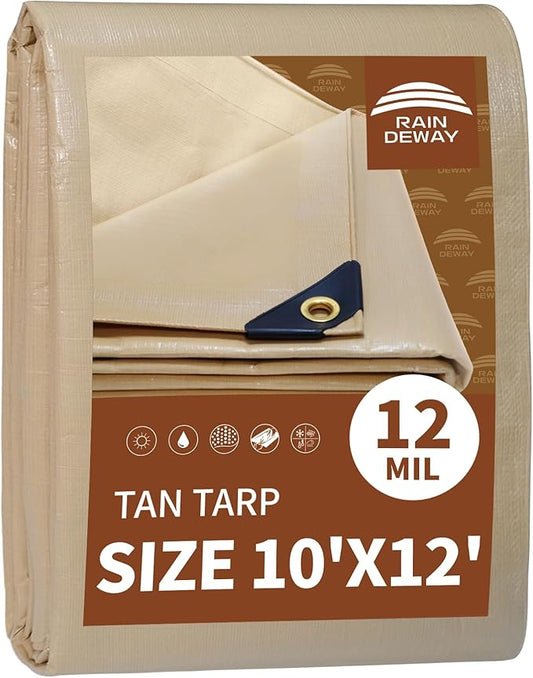 RAINDEWAY 10x12 Feet Heavy Duty Tarp,12 Mil Tan Waterproof Poly Tarp Cover,UV Resistant,Weatherproof,Durable,Multipurpose Tarps with Grommets and Reinforced Edges