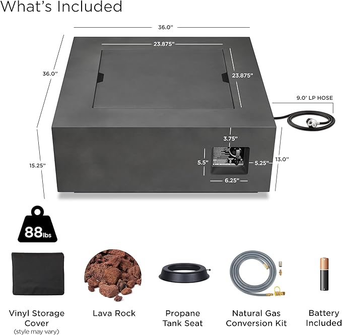 Real Flame Aegean 36”in Square Propane or Natural Gas Fire Pit Table, 50,000 BTU, Powder-Coated Steel, Push-Button Ignition, CSA Certified, Lava Rock, Storage Cover, Stainless Steel Burner with Lid