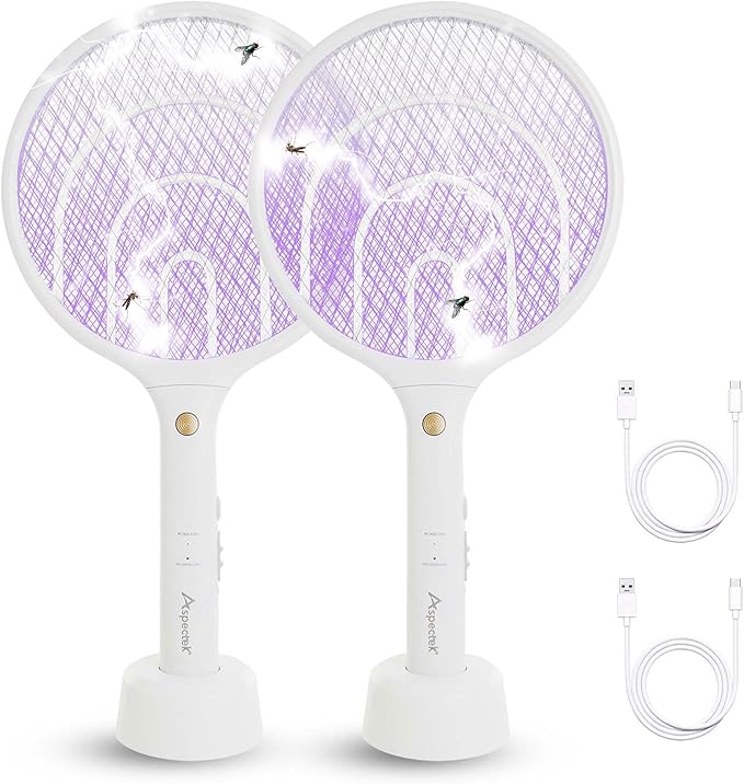 Aspectek 2 Pack Electric Fly Swatter 3000V,2 in 1 Mosquito Zapper, Rechargeable Bug Zapper Racket for Indoor and Outdoor, USB Charging Cable
