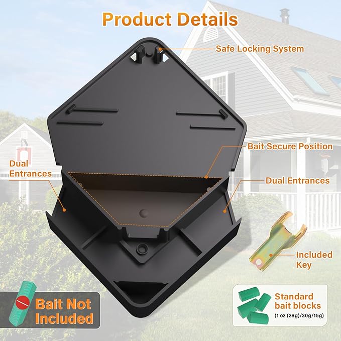 Mouse Station with Keys Black 4 Pack, Key Required Mouse Stations, Mice Stations, Keeps Children and Pets Safe Indoor & Outdoor