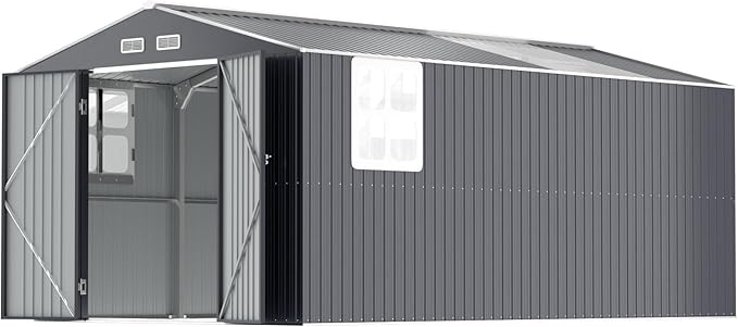 Metal Shed 10x16 FT with Floor Frame Kit, Big with Heavy-Duty Reinforced Steel Frame and Customizable Skylight, Lockable Doors, 4-Pane Windows, Large Outdoor Storage for Garden, Tools, and Utility