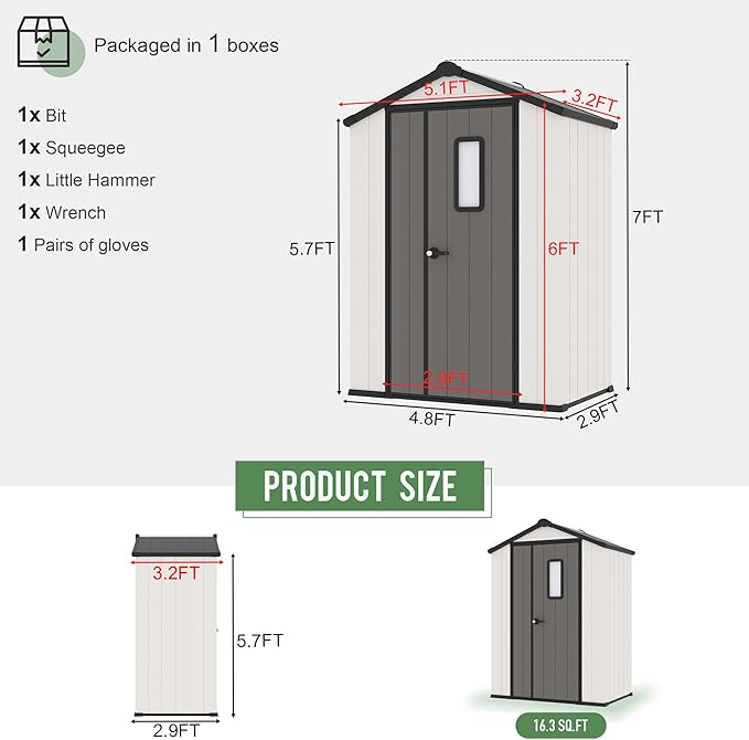 5' x 3' Outdoor Resin Storage Shed with Floor,Galvanized Metal Waterproof Garden Shed with Lockable Door, Plastic Tool, Bike Storage for Patio Furniture, Lawn Mower