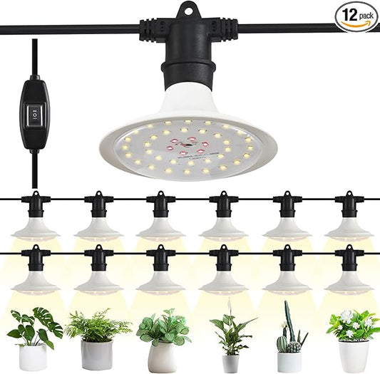 Outdoor Grow Lights for Plants, Full Spectrum Greenhouse Grow Light, UL Certified Daisy-Chain String Grow Lights, IP44 Waterproof, 42FT Adjustable Cord, for Vegetables, Seedlings, Flowers (12 Lights)