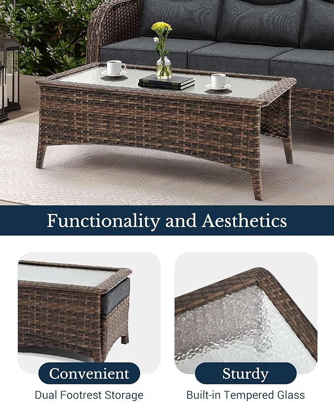HILLGA Luxury Patio Furniture Set with 6-inch Thick Cushion, Outdoor Couch and High Back Swivel Rocker Patio Chairs, 7PCS Wicker Conversation Set for Deck Yard and Poolside, Dark Grey (V2)