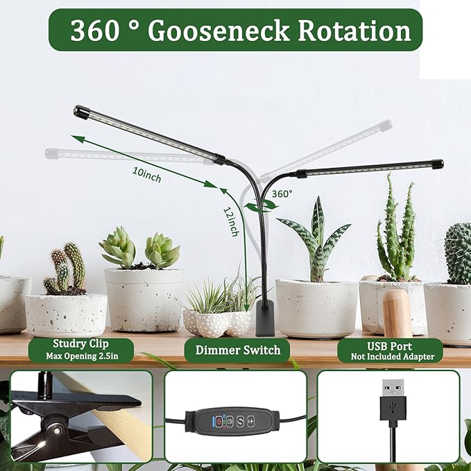 Full Spectrum Grow Lights for Indoor 6000K White Red 40 LEDs, 9-Level Dimmable Indoor Plant Growing Light for Seed Starting, Auto on/Off Clip Plant Grow Lamp, 3/9/12H Timer, Adjust Gooseneck