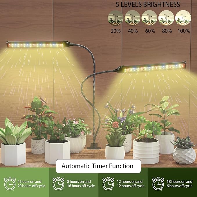 GHodec Clip-on Grow Light, 5000K Full Spectrum White Red Blue 138 LED Plant Lamp, 5 Dimmable Levels & Timer Setting 4/8/12/18H