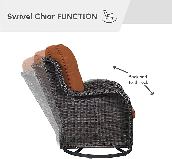 4 Piece Patio Furniture-All-Weather PE Wicker Outdoor Patio Furniture with Swivel Rocker Chairs,Outdoor Couch, Set with Coffee Table-Brown/Red