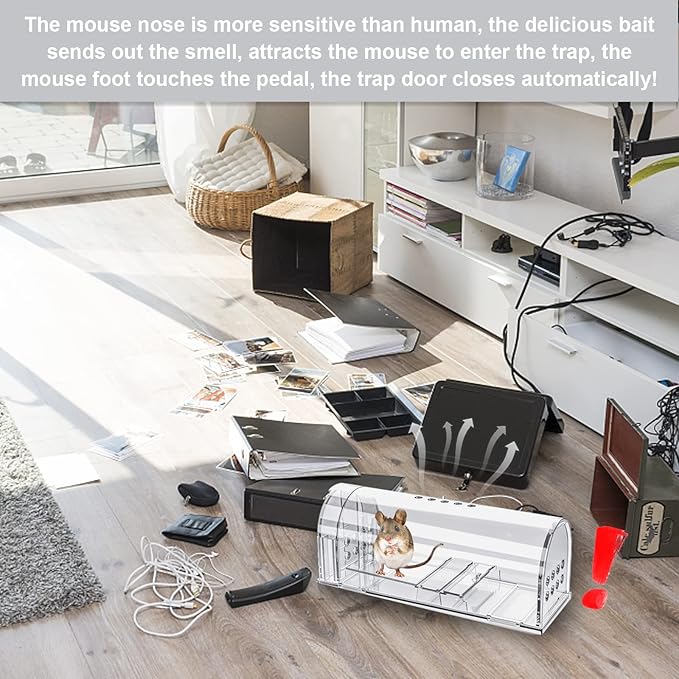 4 Pcs Humane Mouse Traps No Kill, Live Mouse Traps Indoor for Home, Reusable Mice Small Rat Trap Catcher for House & Outdoors(Clear)