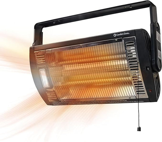 Comfort Zone CZQTV5M 750/1,500-Watt Ceiling Mounted Dual Quartz Radiant Heater with 90-Degree Adjustable Tilt, Metal Safety Grille, Overheat Protection (Hardware Included), Black