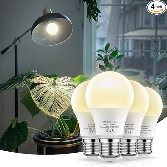 LED Grow Light Bulbs, Full Spectrum - A19, E26 Base, 11W (100W Equivalent), 4 Pack for Indoor Plants, Flowers, Greenhouse