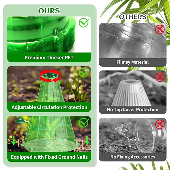 Garden Cloches for Plants, 20 Pack Garden Cloche with Rotary Vent, Reusable Bell Plant Covers with 40Pcs Ground Stakes, Plant Cloche Protectors from Animals Snails Birds Chickens, 7.9" H X 6.7" D