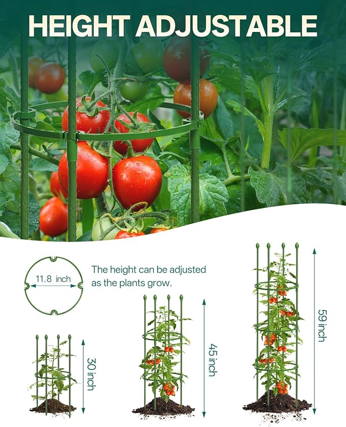 Breeze Touch Tomato Support Cages 2 Pack, Adjustable Tomato Trellis Up to 59 Inch for Garden & Pots, Small Plant Cages, Plant Support for Climbing Vegetables, Flowers, Beans, Cucumber, Peony