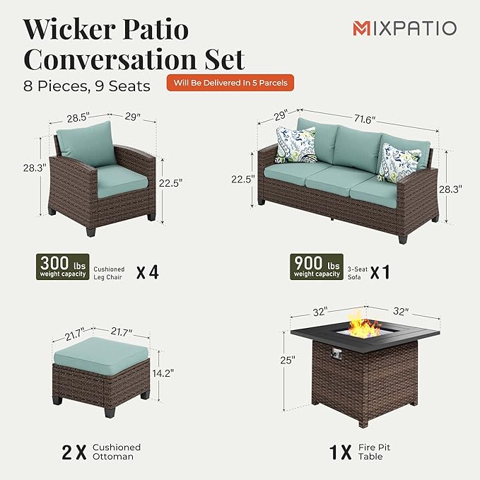 Patio Furniture Set, 8 Pcs Wicker Rattan Outdoor Conversation Set, 4 x Leg Chairs, 1 x 3 Seater Sofa and 2 x Ottoman with 4" Thick Cushion and 32" Fire Pit Table, Blue