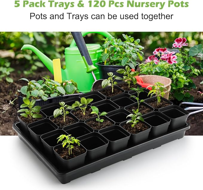 2.8 inch (7CM) Square Nursery Pots 120pcs with 5 Pack Seed Starter Trays, Durable Plastic Flat Seedling Tray (17"x11"x2") for Carrying and Holding Plant Nursery Pot (Black)