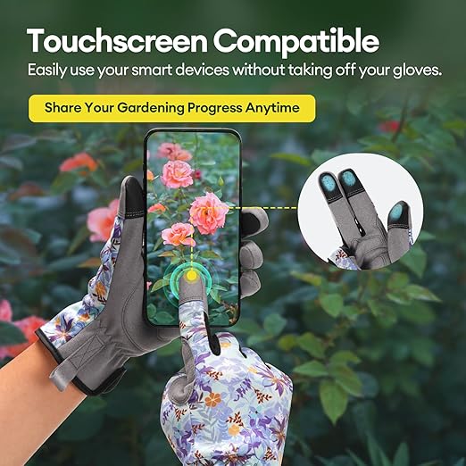 Gardening Gloves for Women, Breathable Leather Work Gloves, Thorn-Proof Gardening Gifts, Touchscreen Compatible, Protective Work for Digging, Planting, Pruning, Medium Size, Gray