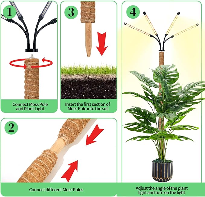 Grow Light with Moss Pole,Full Spectrum LED Plant Light for Indoor Plants,3/9/12H Timer, 10 Brightness,15-54.4 in Height Adjustable,Grow Lights with Plant Support for Monstera Indoor Climbing Potted