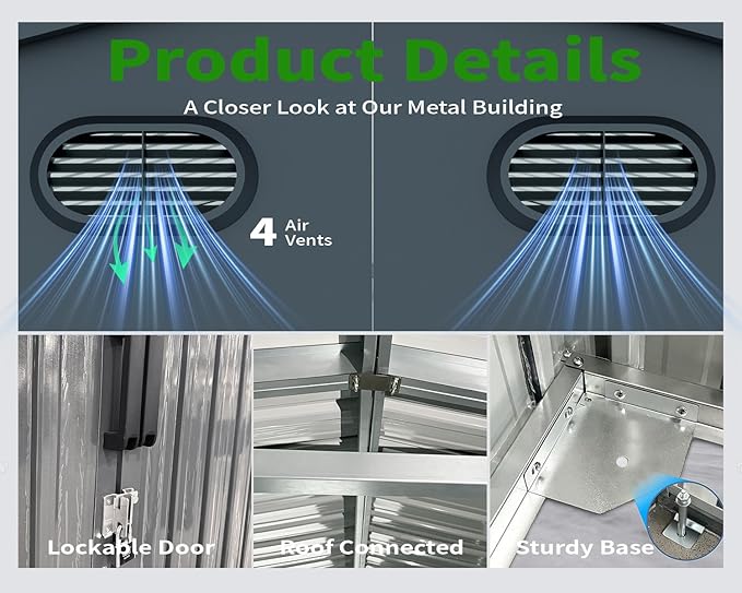 20x13 FT Outdoor Storage Shed, Metal Garage Shed with 2 Lockable Doors, Large Metal Building with 4 Air Vents, Galvanized Steel Prefab Garage Sheds for Car, Truck, Bike, Tool, Dark Gray