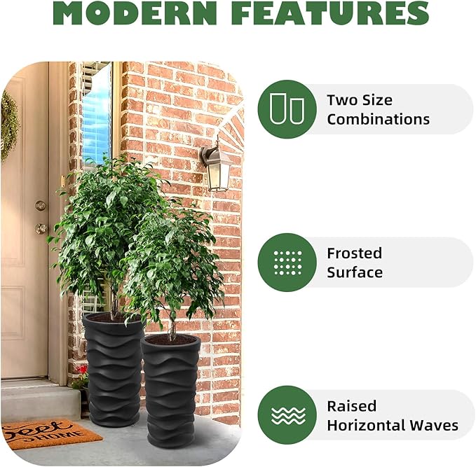 YOLENY Tall Planters with Drainage Hole 2 Pack, 20" H/18 H Porch Wavy Planters Outdoor Indoor Use, Plant Flower Pots for Home Decor, Black