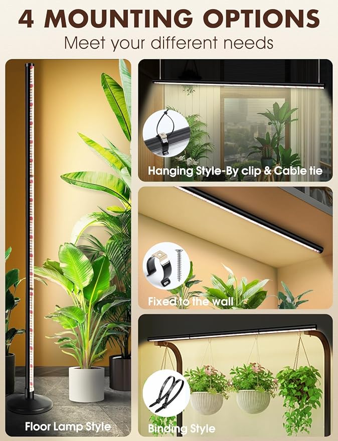 57 Inch Grow Lights for Indoor Plants: 36W, 6000K, 280 LEDs Full Spectrum Plant Lights for Seed Starting with Timer, 10 Level Dimmable Standing Plant Growing Lamp for Greenhouse with Hanging Accessory